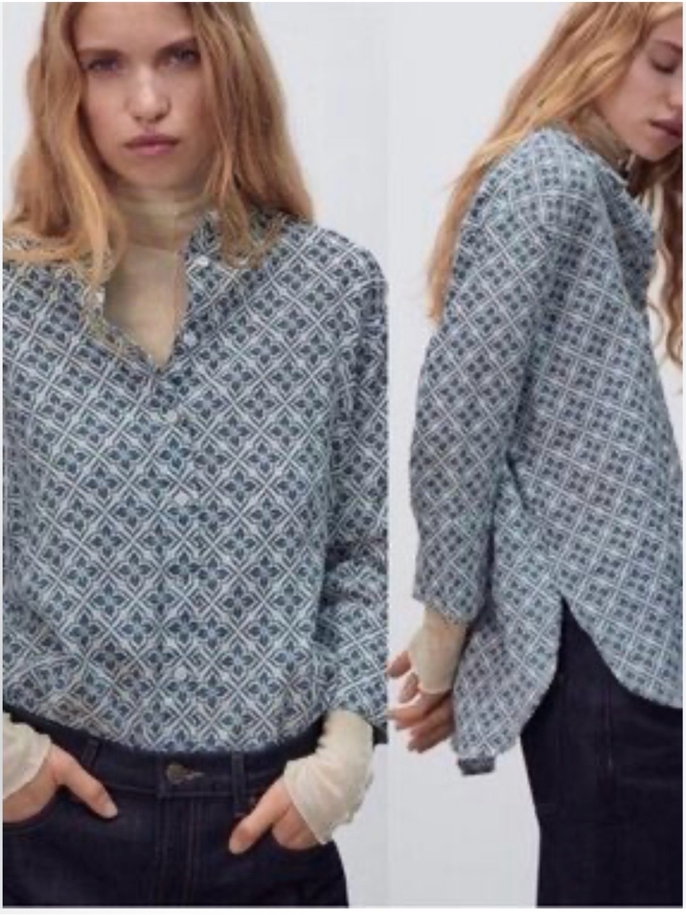 Zara Women’s Linen Geometric Relaxed White/Gray Button-Down Shirt 3/4 sleeves XS